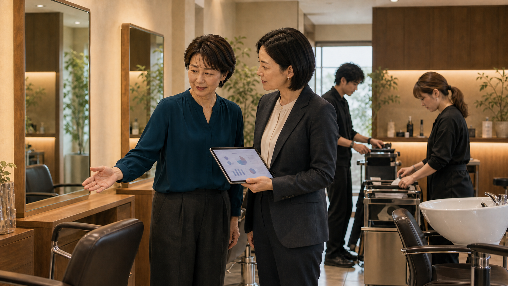 施術席・設備・予約状況・スタッフ体制を抽象資料で確認するサロン経営者とM&Aアドバイザー